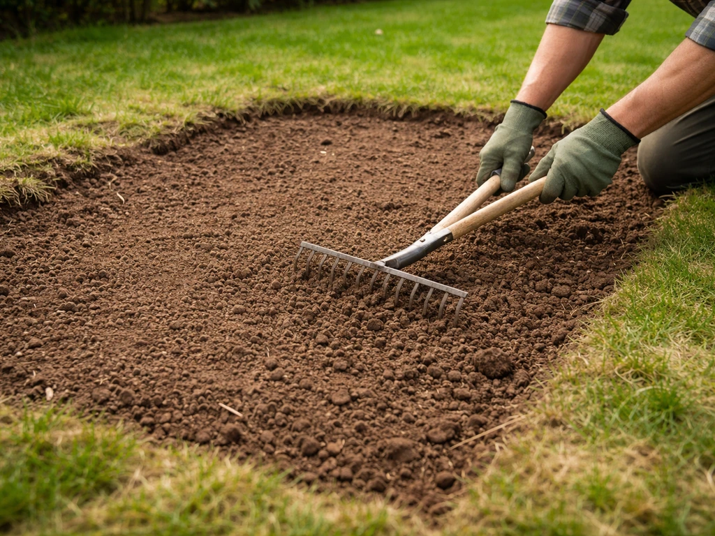 Jardinier anonyme nettoyant une zone de terre avant regarnissage, râteau au premier plan.