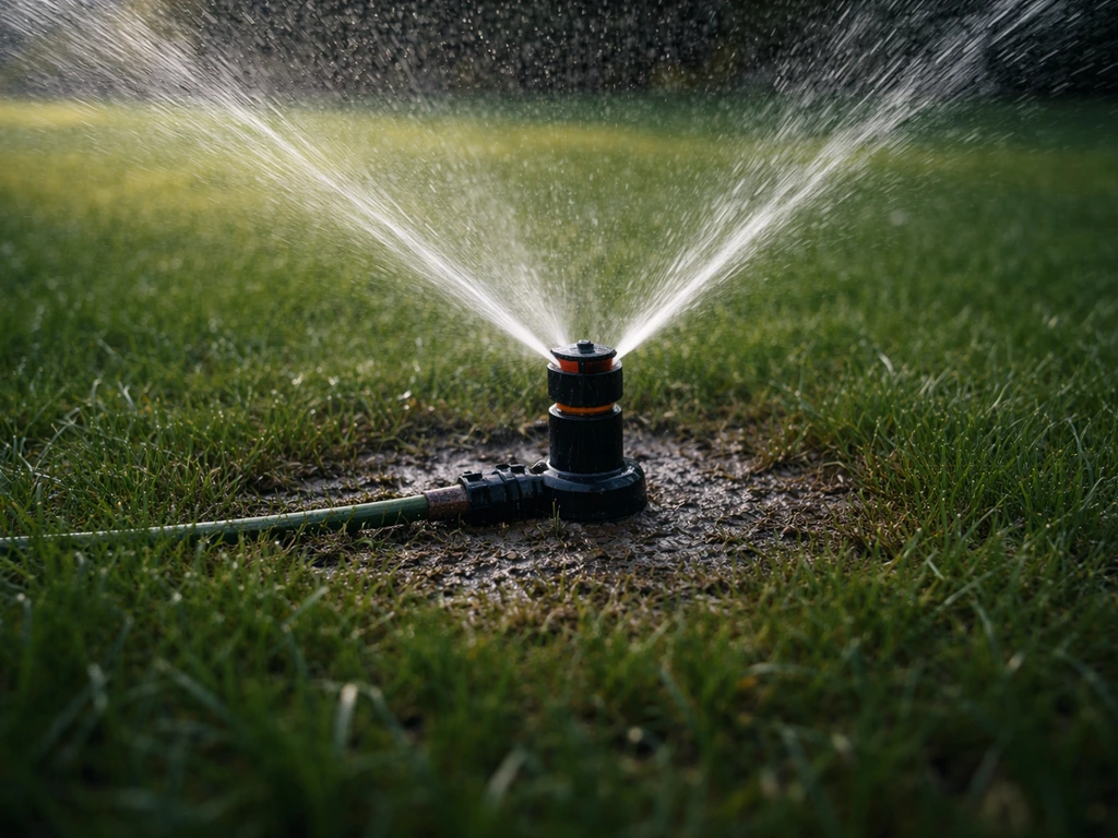Arroseur de jardin arrosant un gazon sombre, sol humide, pluie fine stoppée, image réaliste