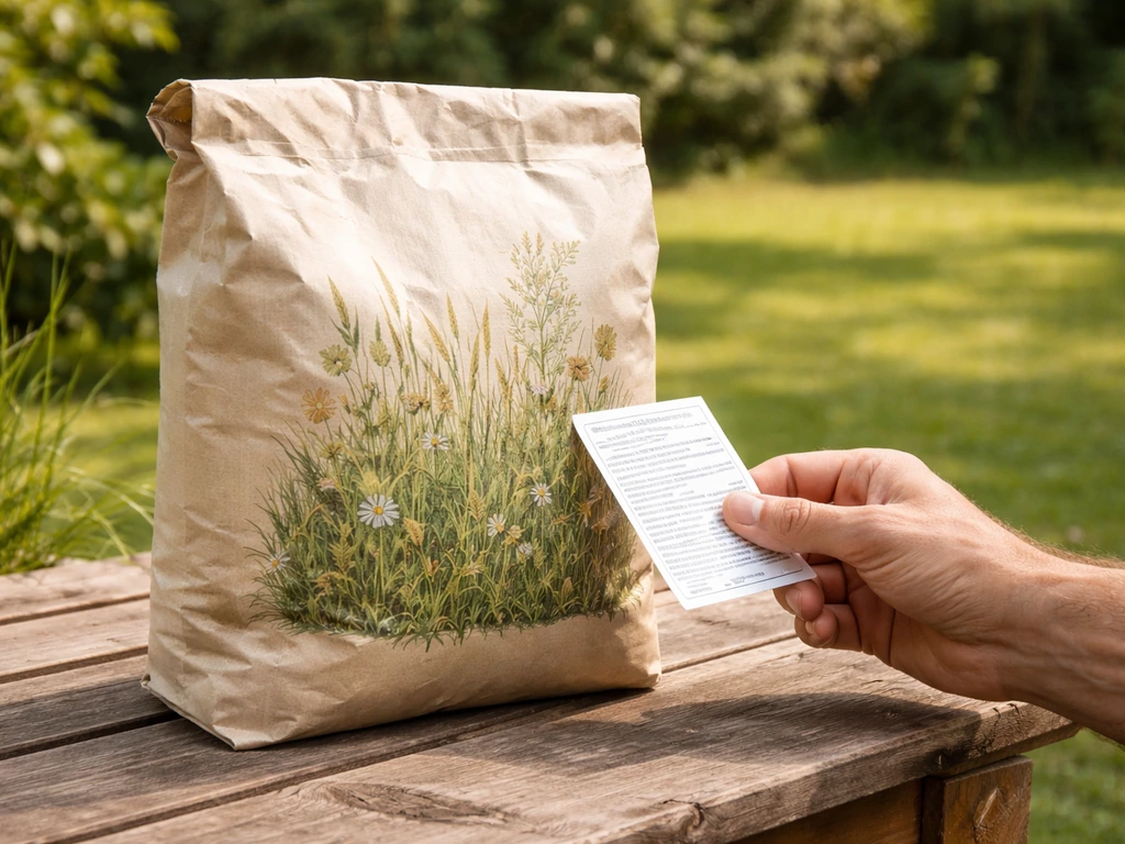Main lisant l’étiquette d’un sac de semences de fétuque ovine en mélange sur une table près d’un jardin.