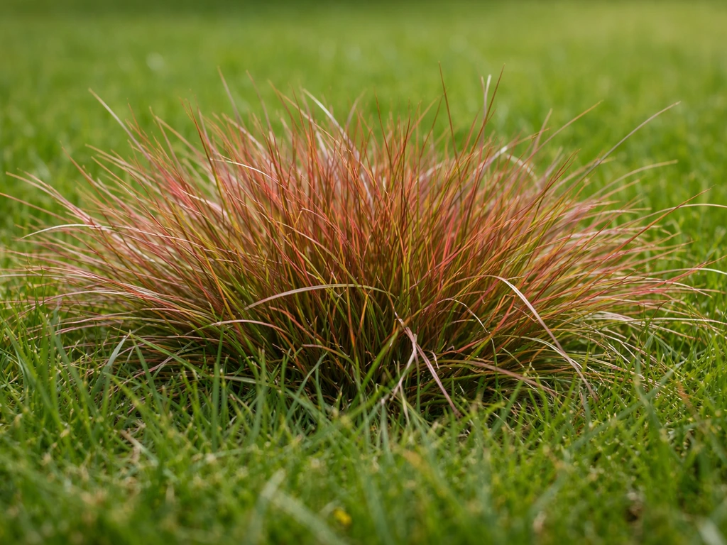 Gros plan sur des brins de fétuque rouge, couleur fil rouge dominante dans une pelouse dense.