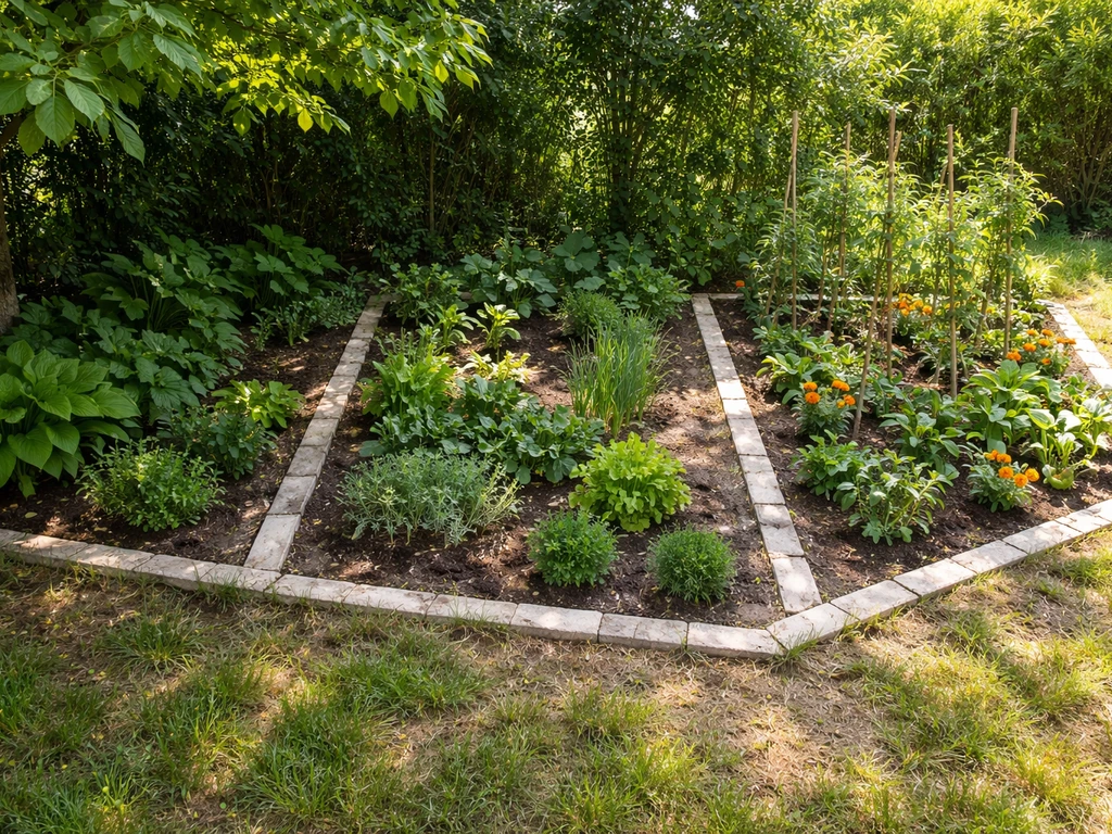Petit jardin divisé en trois zones montrant ombre, mi-ombre et plein soleil sur le sol et les graminées.