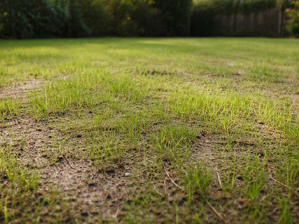 Pelouse de jardin après deux semaines : levée partielle, zones clairsemées à rattraper, vue panoramique.