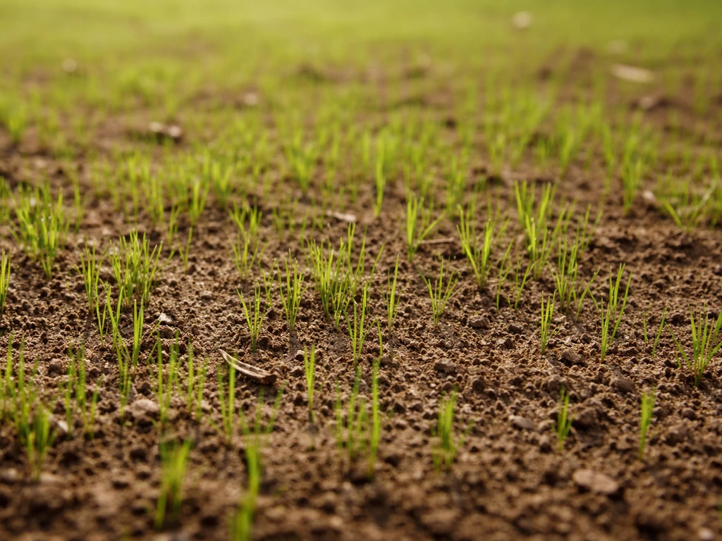 Pelouse fraîchement semée : jeunes brins verts de 2 à 5 cm, croissance encore irrégulière, sol visible