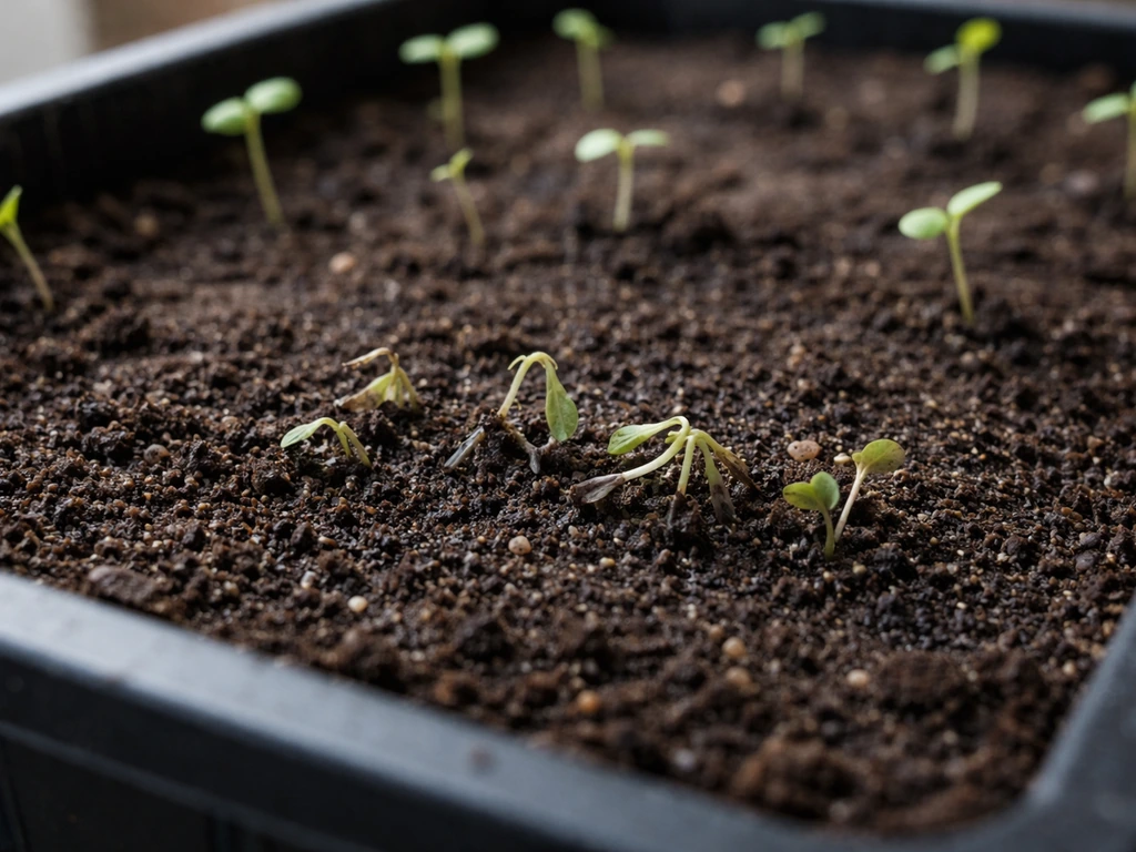Germes de graines dans un substrat, plusieurs plantules noircies et couchées, sol humide clairsemé