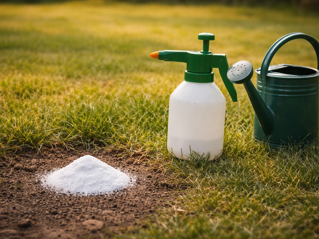 Pelouse jaunie par endroits, pulvérisateur et petit tas de bicarbonate au premier plan, ambiance jardin calme.