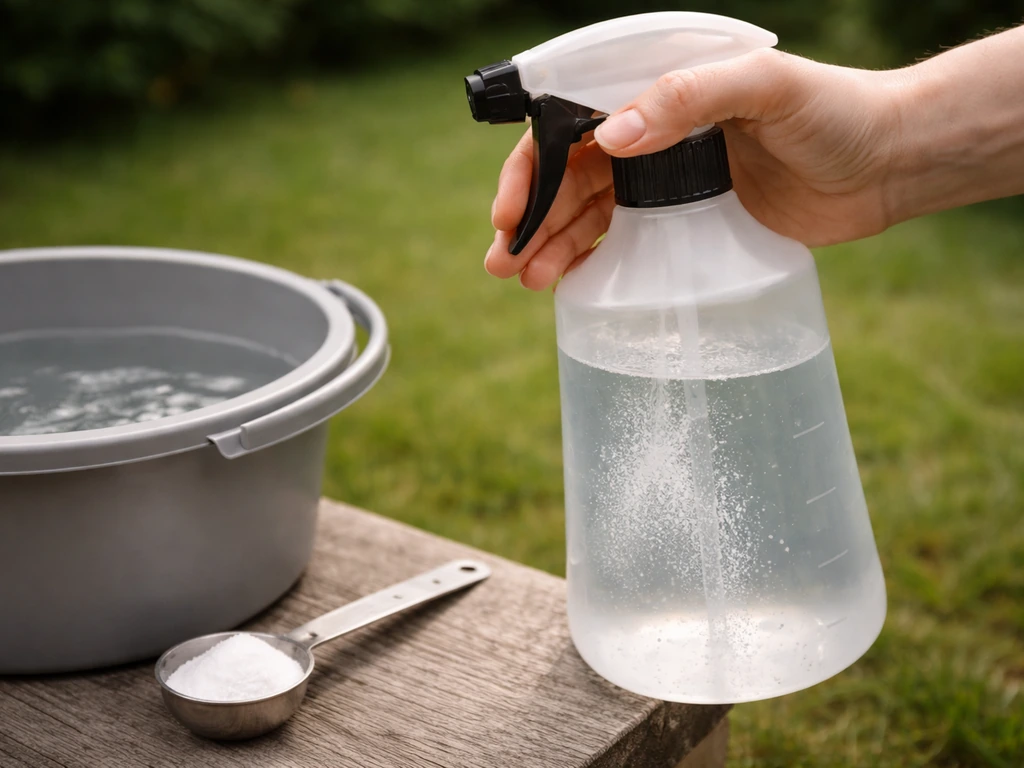 Main versant un mélange de bicarbonate dans un pulvérisateur/arrosoir simple, eau claire, jardin au fond
