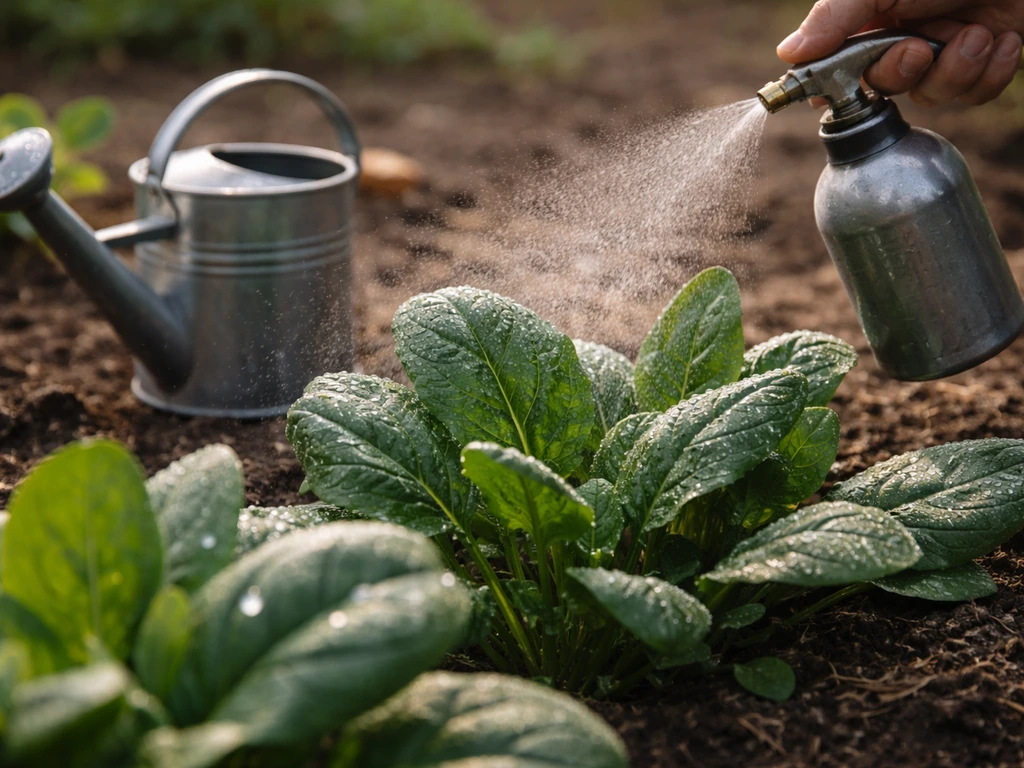 Rosée sur des feuilles de plante au matin, main hors champ pulvérise, petit arrosoir près du sol.