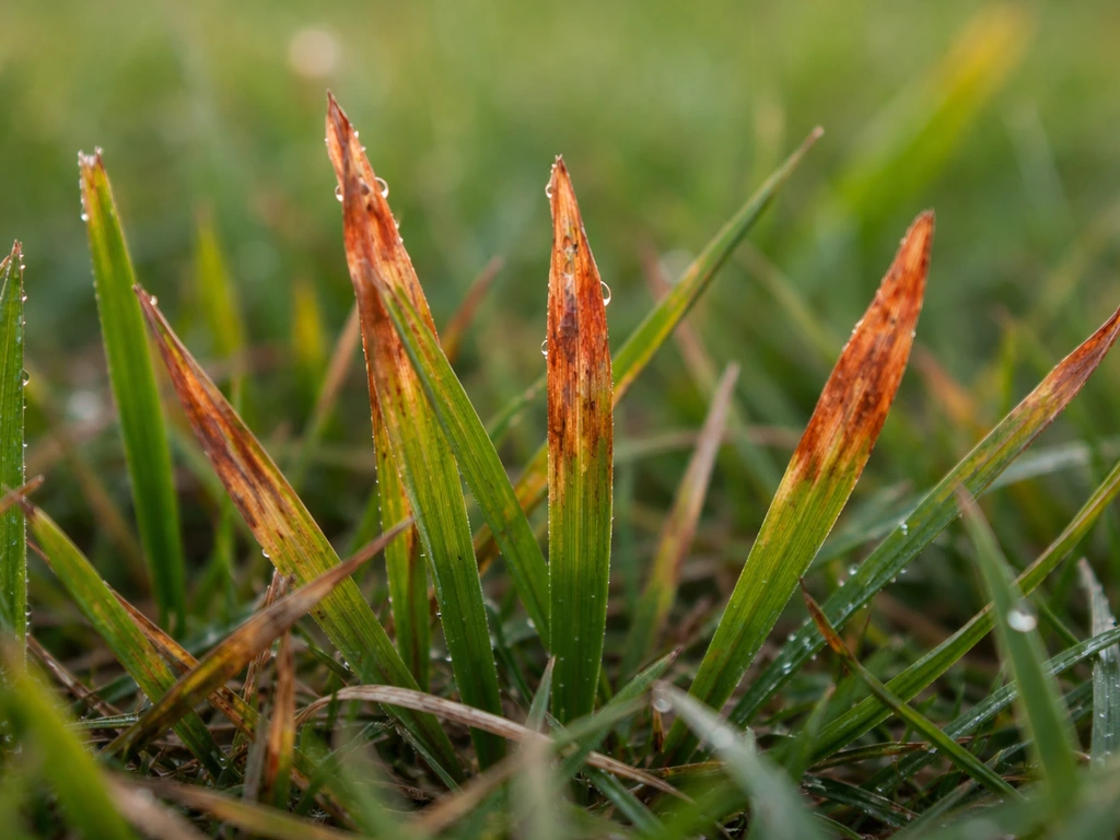 Gros plan de brins d’herbe avec zones rougeâtres et brins fragilisés, avant diagnostic.