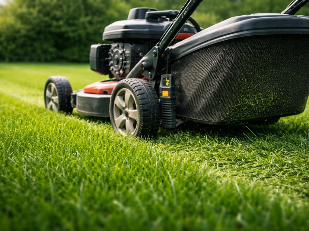 Tonte d’un gazon au printemps, tondeuse en action avec hauteur de coupe visible, herbe bien verte.