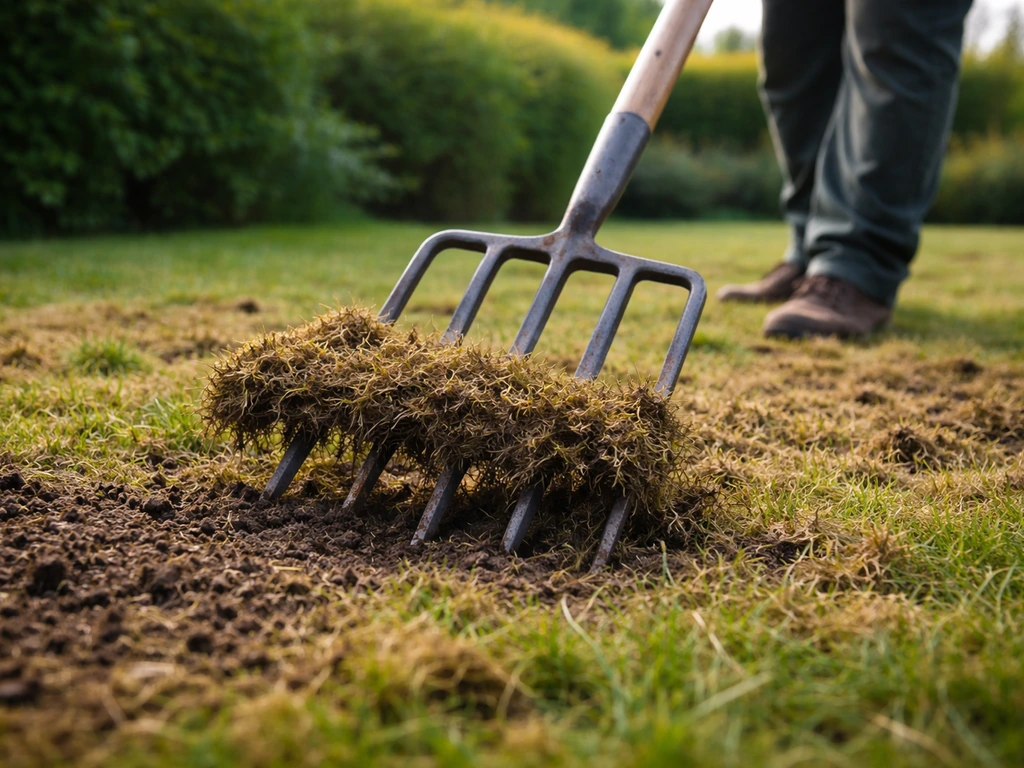 Un jardinier scarifie et aère le gazon : feutrage soulevé et sol décompacté, pour améliorer le drainage.