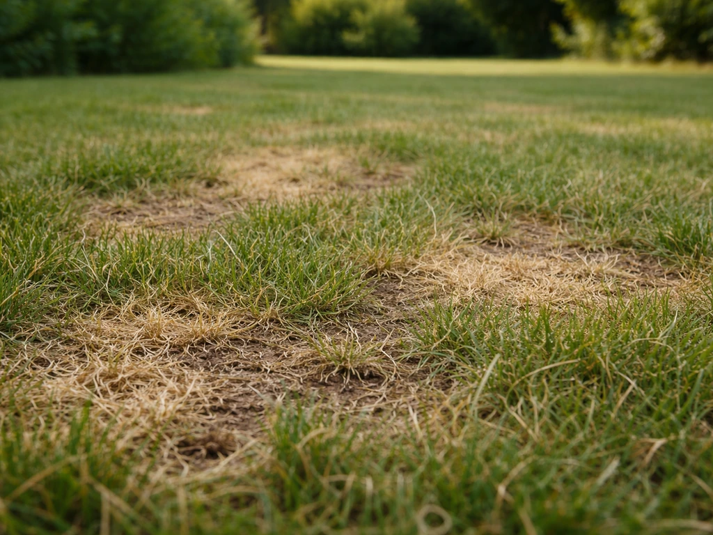 Gazon au sol tacheté de plaques irrégulières jaunes et brunes, vue rapprochée évocatrice d’un souci local.