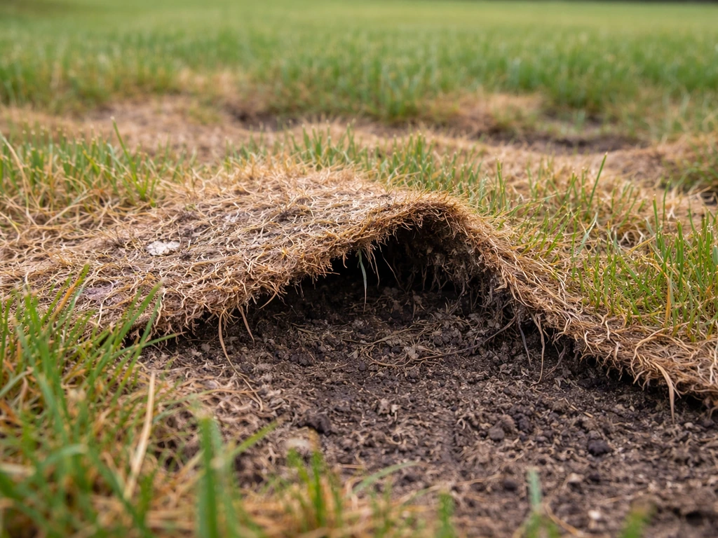 Pelouse brunie qui se soulève, révélant des racines sombres sous un tapis de gazon abîmé.