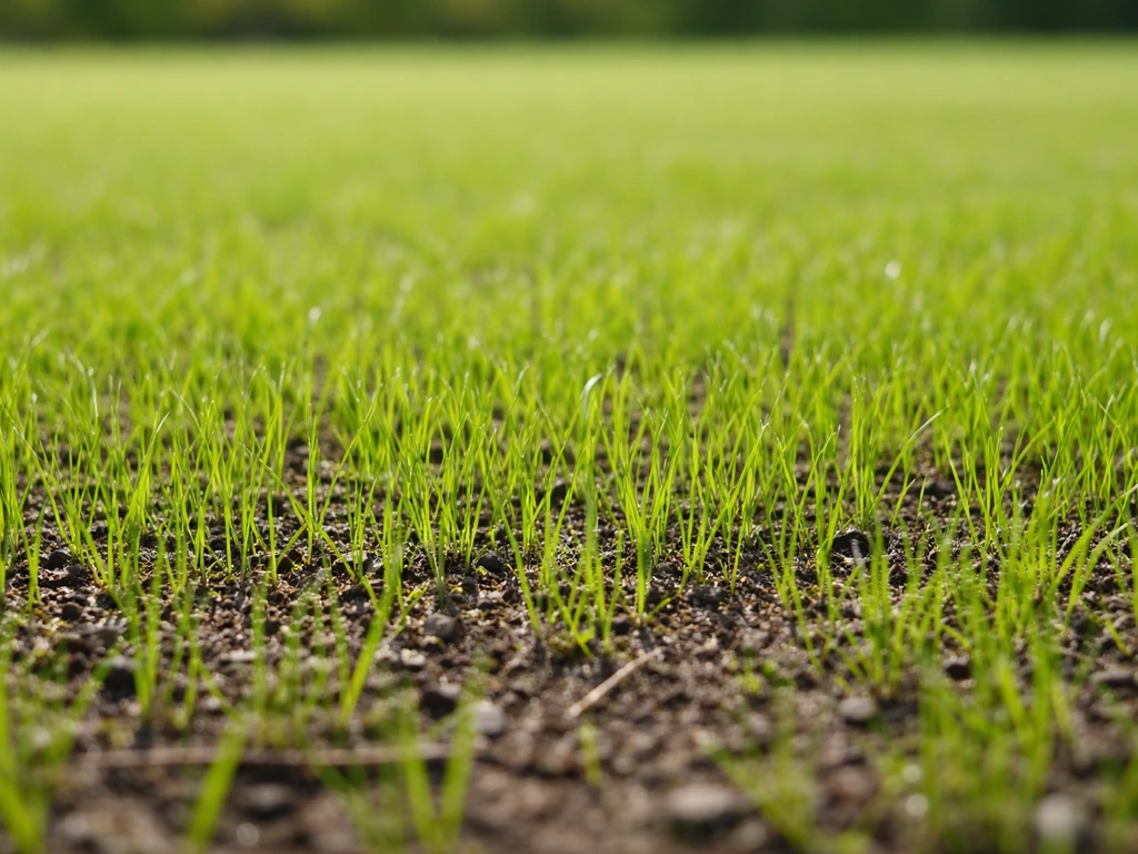 Pelouse fraîchement semée, jeune herbe verte en densification, sol humide après arrosage.