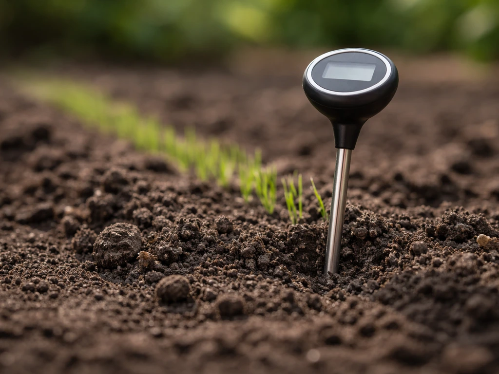 Sonde de température du sol dans la terre près de graines, éclairage naturel, composition minimaliste.