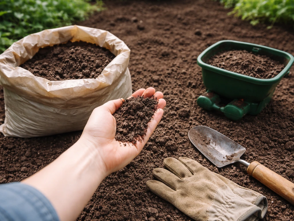 Main étalant un amendement sur un sol de jardin, avec un sac et un épandeur à main au premier plan.