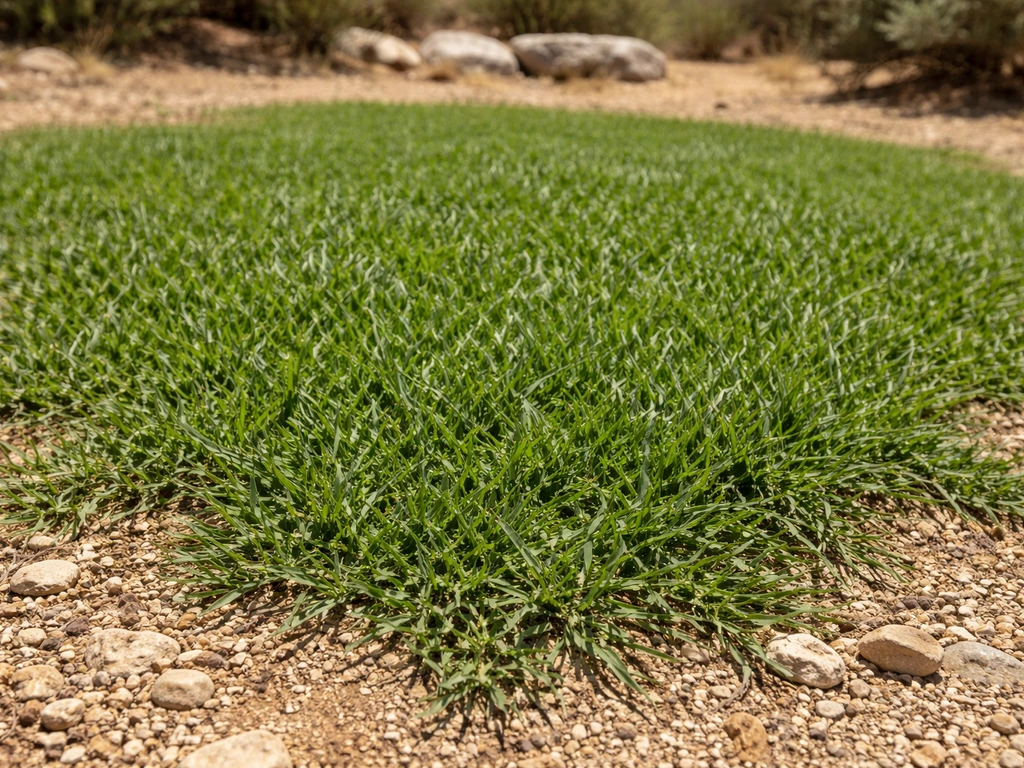 Pelouse compacte de cynodon en plein soleil sur sol caillouteux sec, aspect verdoyant malgré la chaleur.