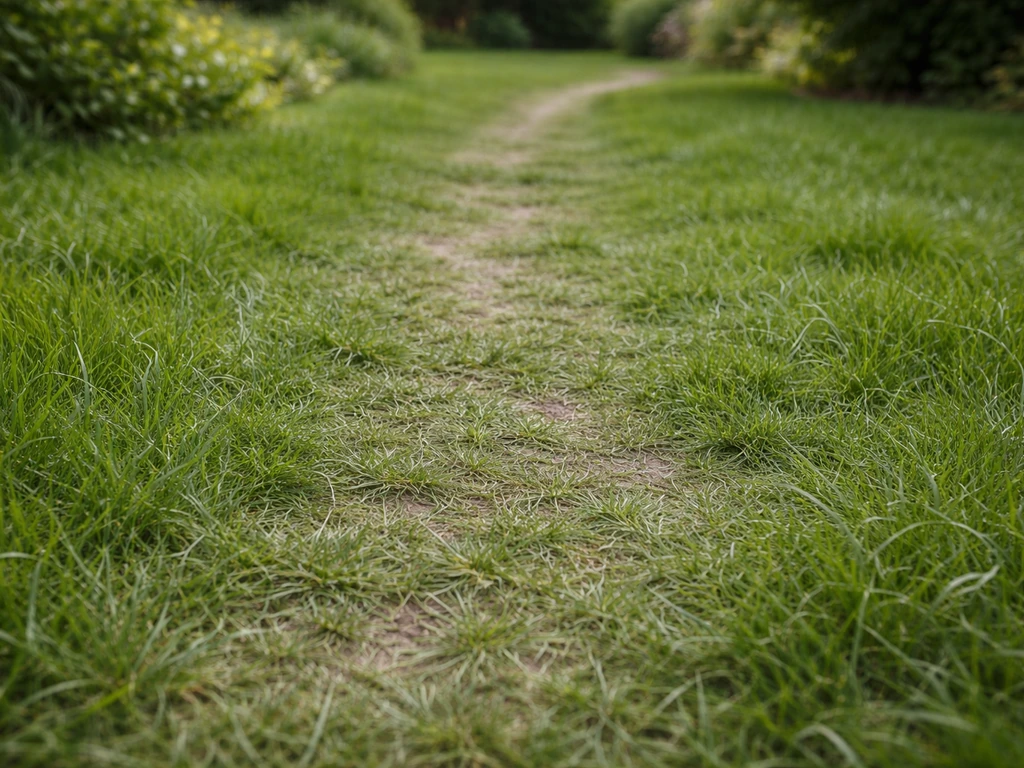 Pelouse de jardin piétinée, brins d’herbe denses encore verts et résistants, sol légèrement visible par endroits.