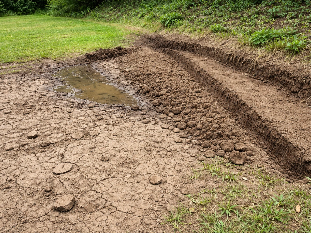 Sol argileux compacté avec signes de drainage insuffisant, à côté d’une zone préparée pour l’installation d’un système d