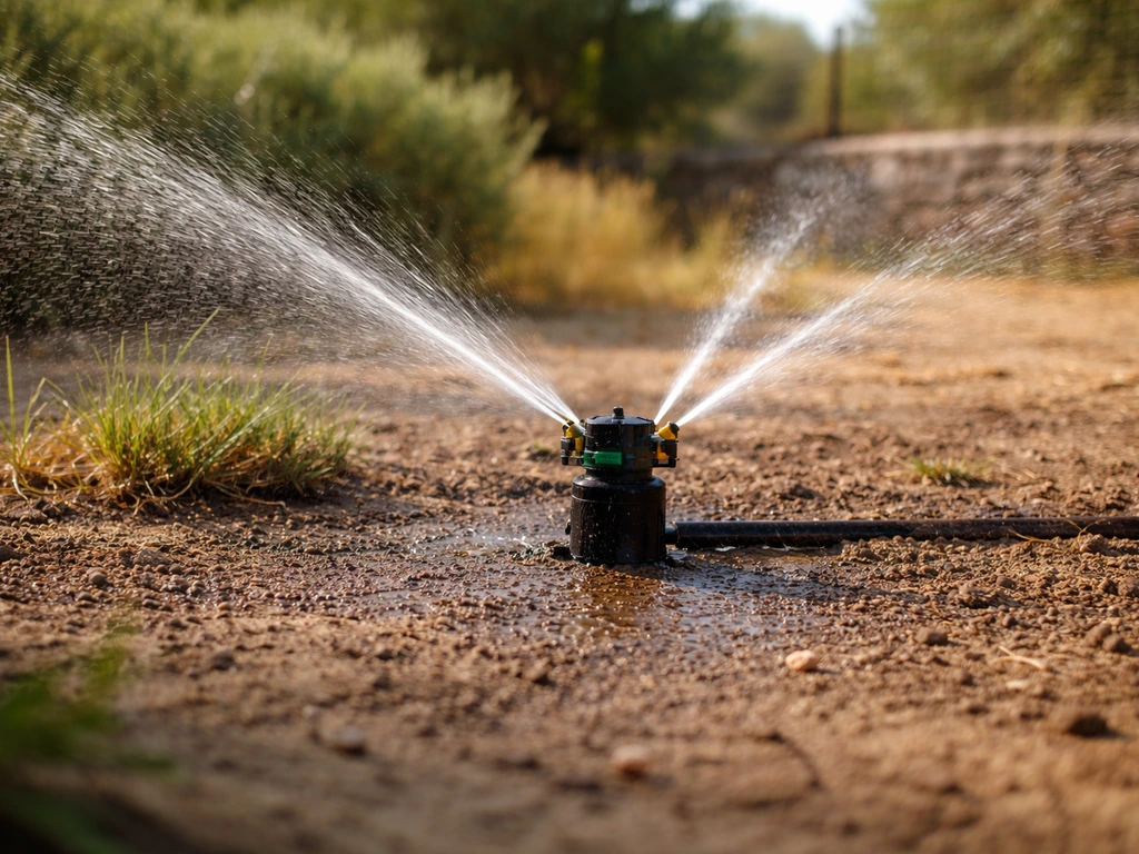 Arroseur de jardin en fonctionnement à travers un sol humidifié, jet profond sans flaques