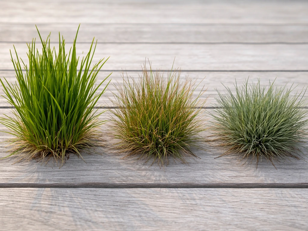 Trois échantillons d’herbe côte à côte montrant des fétuques différentes pour aider à les reconnaître avant l’achat.
