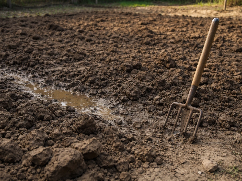 Sol argileux travaillé avec zones humides temporaires, contraste terre sèche et humide dans un jardin.