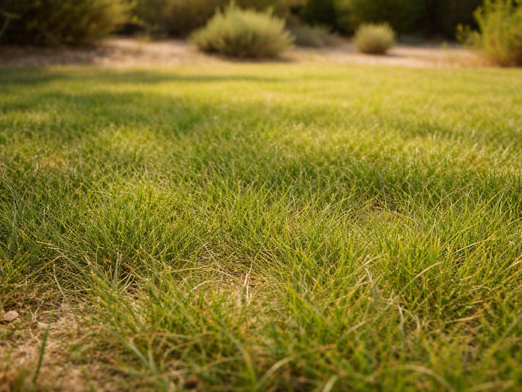 Gazon méditerranéen en Occitanie, brins fins de fétuque encore verts sous le soleil.
