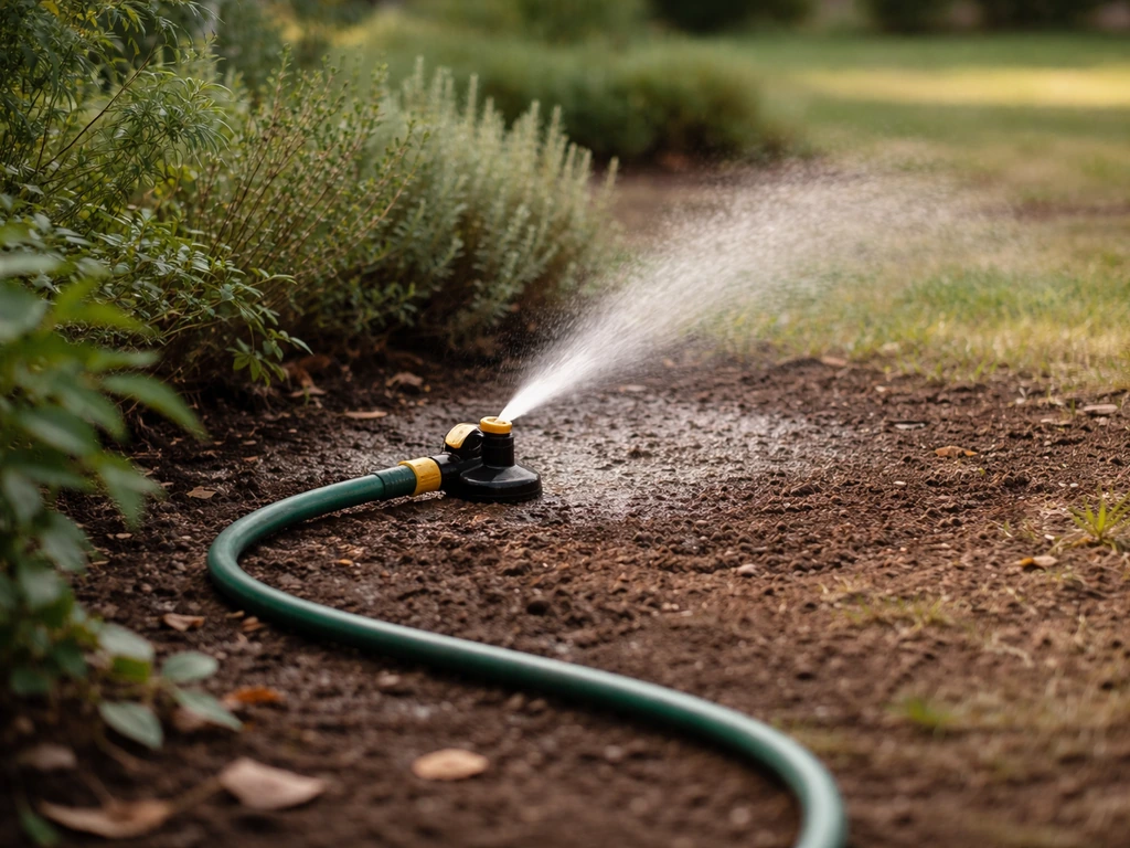 Jardin avec tuyau d’arrosage et sol sombre déjà humidifié, arrosage ponctuel matin/soir.