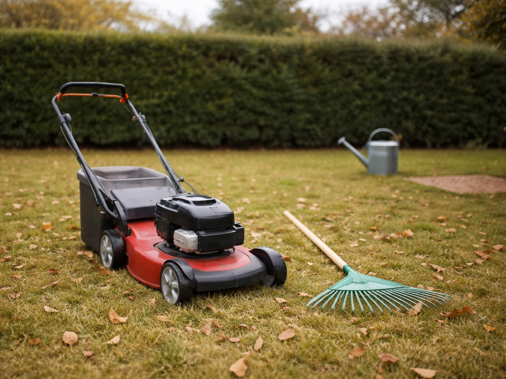 Pelouse de jardin début novembre, outils de jardin posés près d’un arrosoir, ambiance automnale.