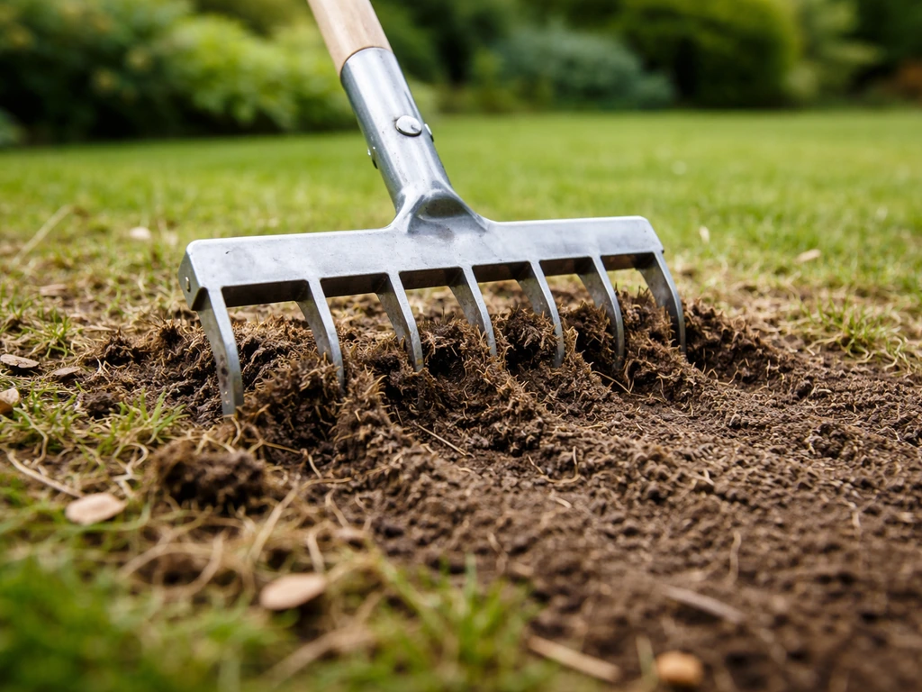 Griffe de scarification entaillant une pelouse, feutre sombre soulevé près du sol, ambiance jardin simple.