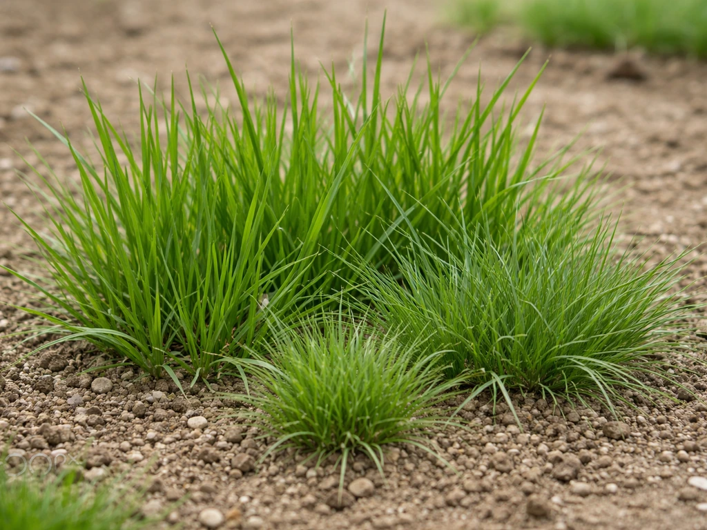 Gros plan de plusieurs graminées de pelouse (ray-grass et fétuques) dans un sol bien drainé, ambiance jardin.