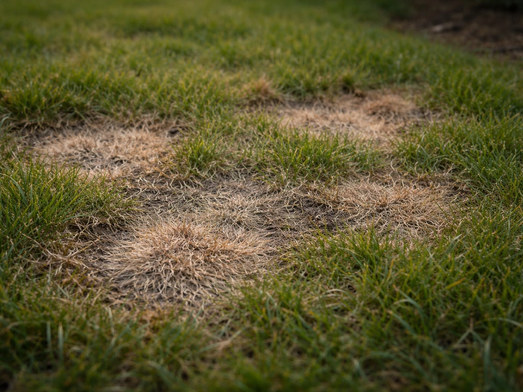 Gazon montrant taches brunâtres et brins gris-rosé, fond simple de jardin, lumière naturelle.
