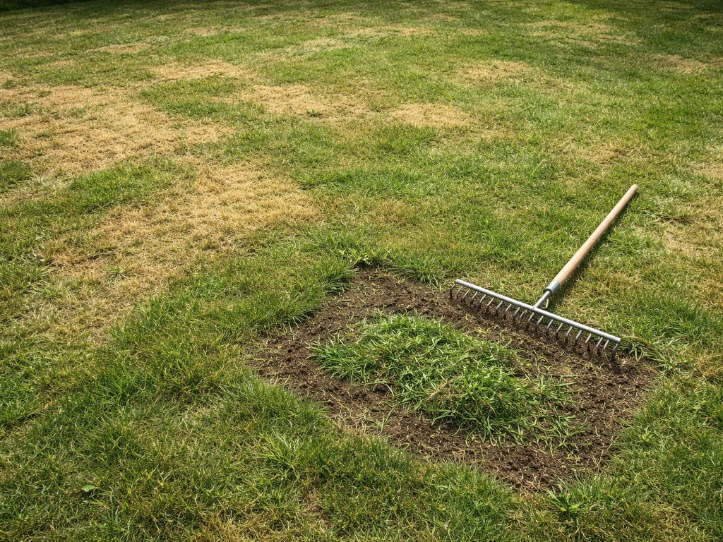 Pelouse abîmée avec zones jaunies, et un petit coin en cours de réparation avec un râteau visible.