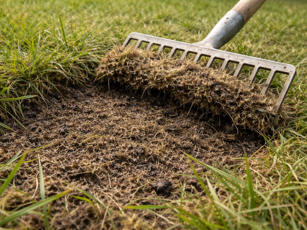Au sol, feutre végétal sombre et spongieux soulevé par un râteau, herbe étouffée au pied du gazon.