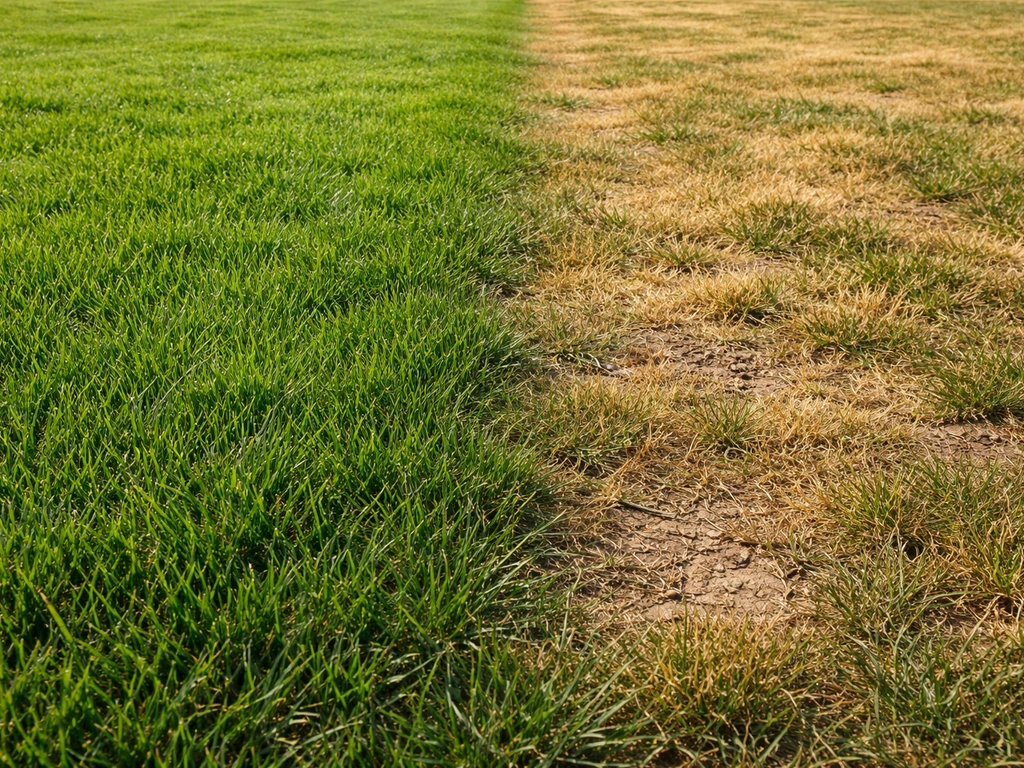 Pelouse d’été : zone verte saine séparée par des taches brunes et herbe jaunie, effet de stress.