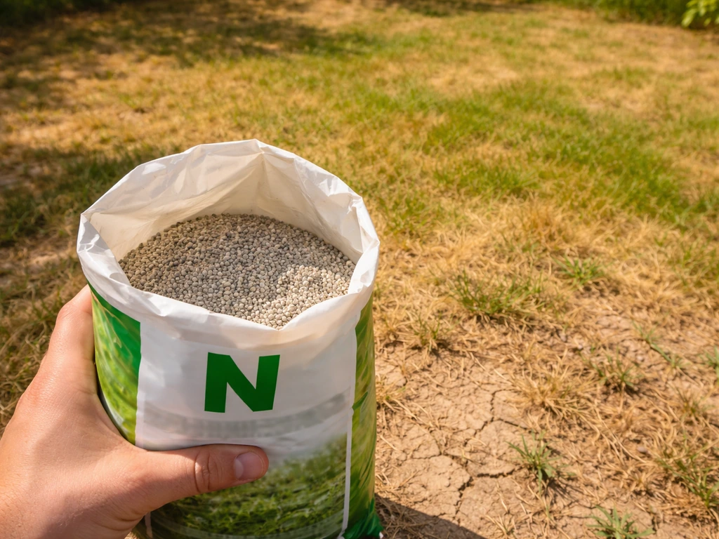 Main tenant un sac d’engrais azoté, gazon pâli et stressé en arrière-plan pour montrer quand ne pas fertiliser.