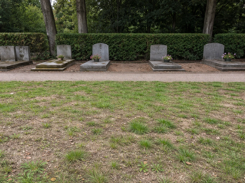 Allée de cimetière en mi-ombre avec un gazon clairsemé autour de monuments et d’arbres