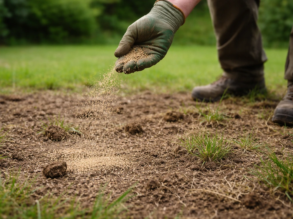 Gros plan sur l’épandage à la volée de graines de gazon sur une pelouse clairsemée après scarification.