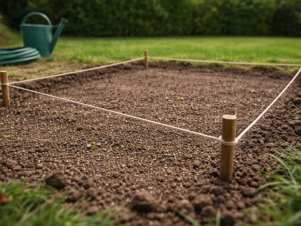 Zone de semis délimitée par de petits piquets et une ficelle, terre fraîche au jardin.