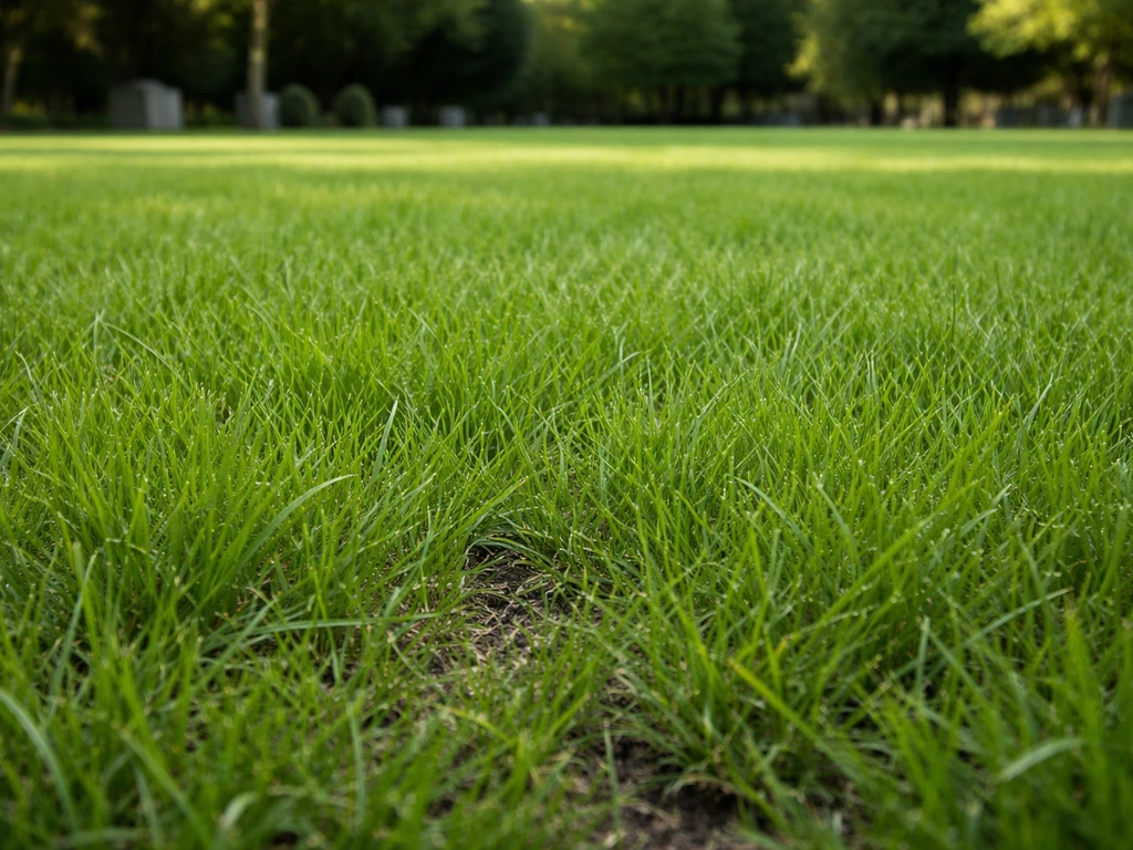 Pelouse de cimetière dense, brins d’herbe à 6-8 cm, en zone ombragée, aspect bien entretenu.