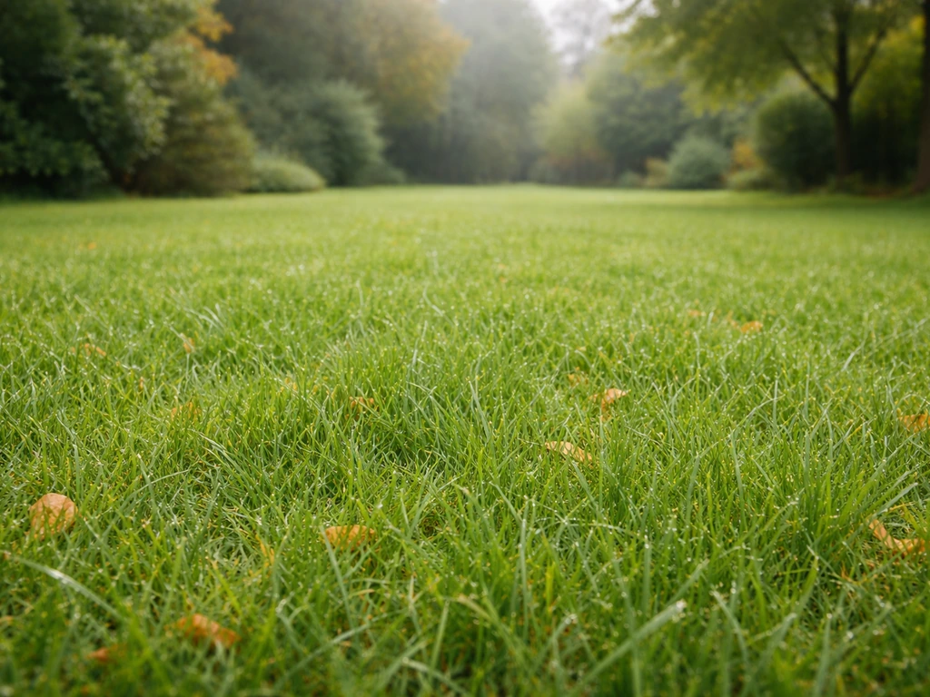 Pelouse verte au début d’octobre en France, rosée et légère teinte d’automne sur l’herbe