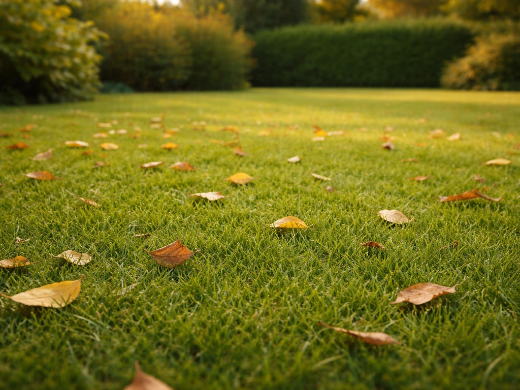 Pelouse verte en fin septembre/début octobre, feuilles brunes au sol, jardin calme et naturel.