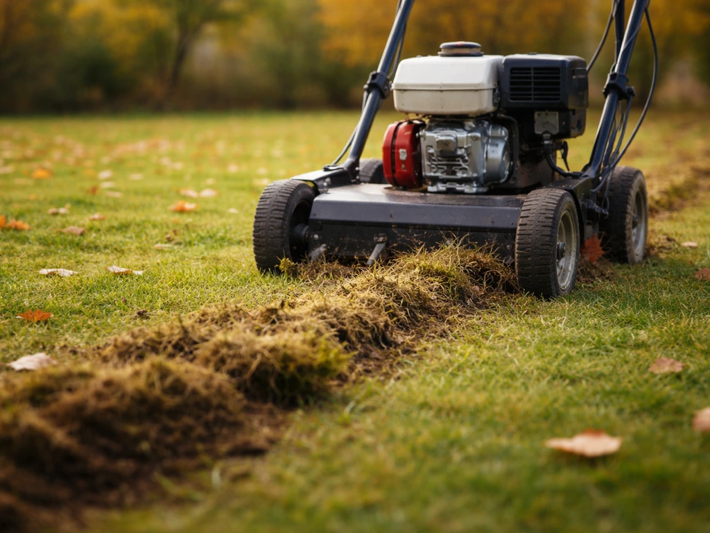 Scarificateur passant sur une pelouse d’octobre, mousse et débris végétaux soulevés par les lames.