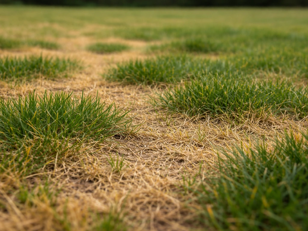 Gazon jardin avec zones jaunes et vertes, herbe qui jaunit par endroits, au ras du sol.