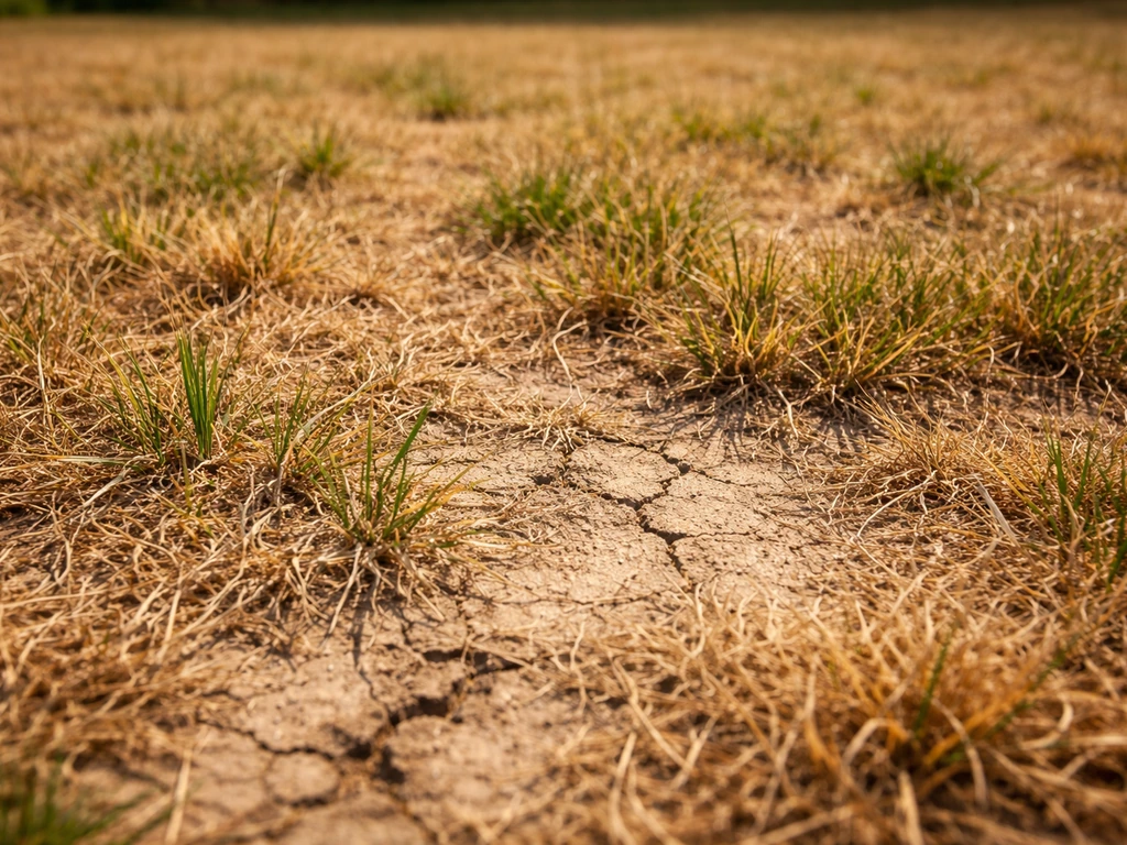 Jeune pelouse jaunie par la chaleur, sol craquelé visible et brins d’herbe stressés au ras du sol.