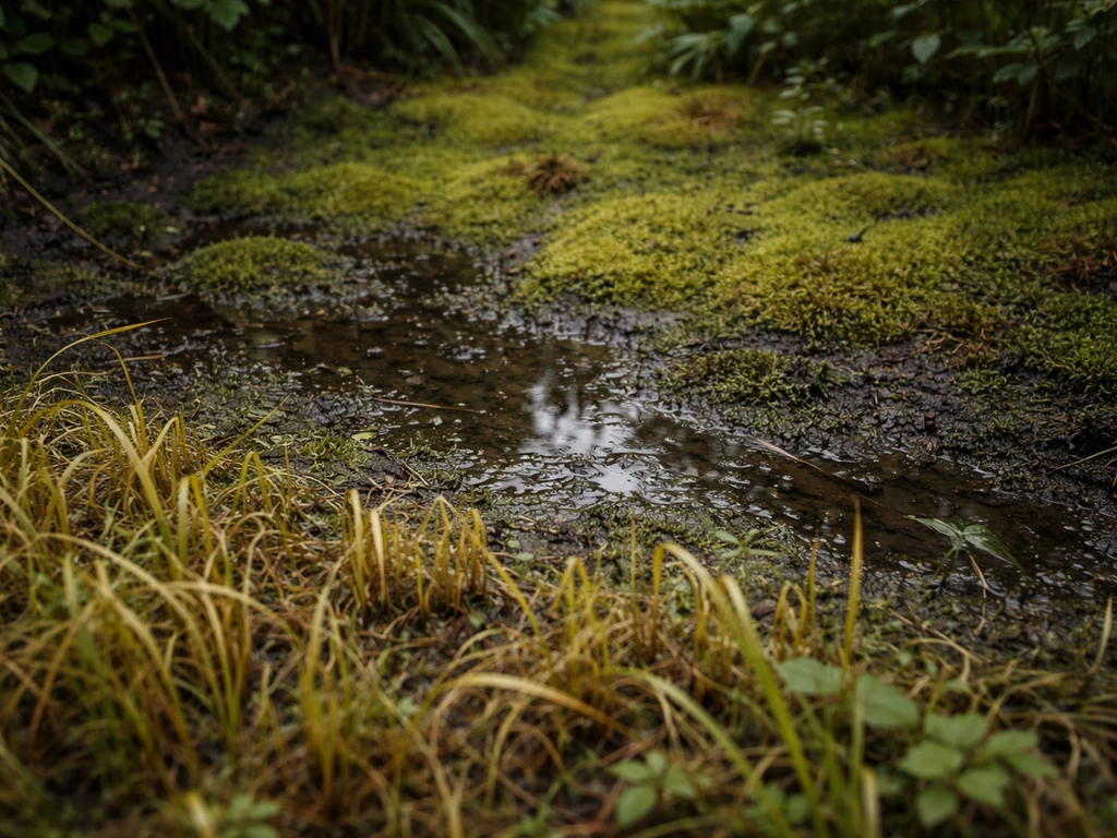 Zone basse du jardin détrempée, mousse abondante et herbe jaunie, évoquant un sol asphyxié.