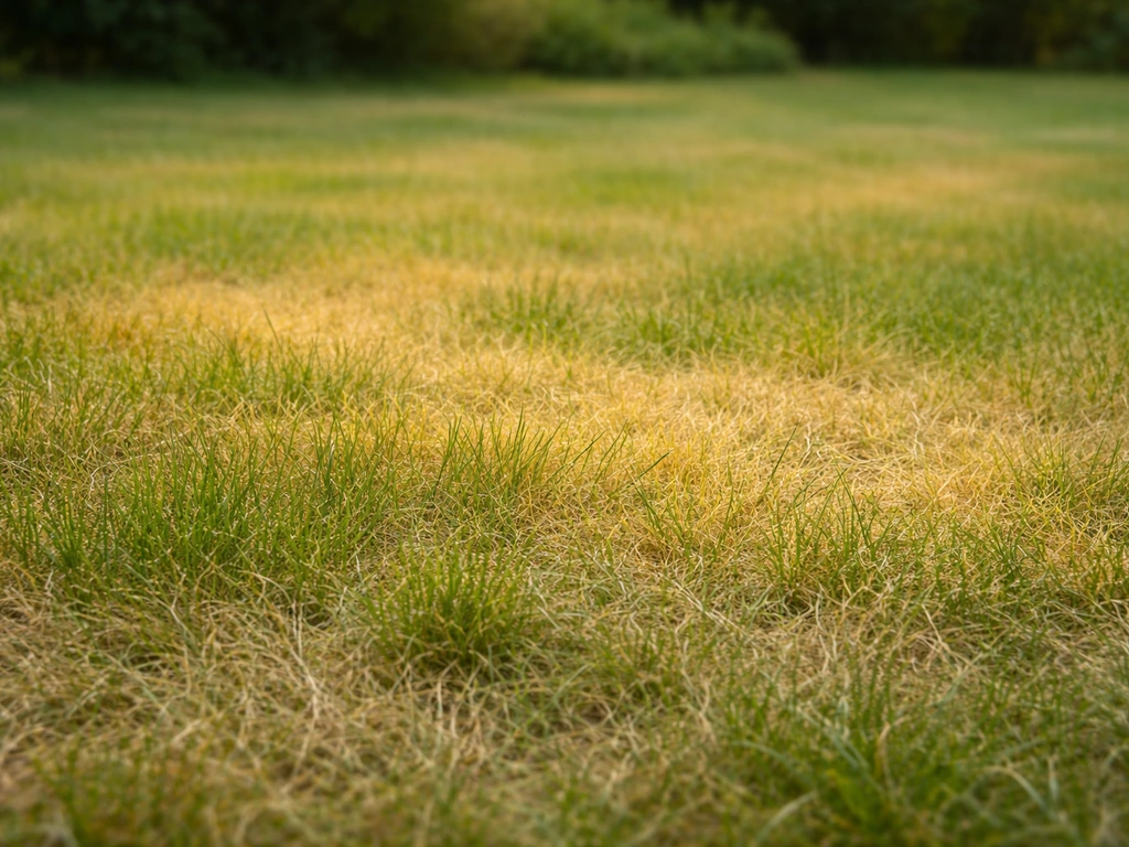 Pelouse uniformément vert pâle à jaune, brins fins et mous, en lumière naturelle.