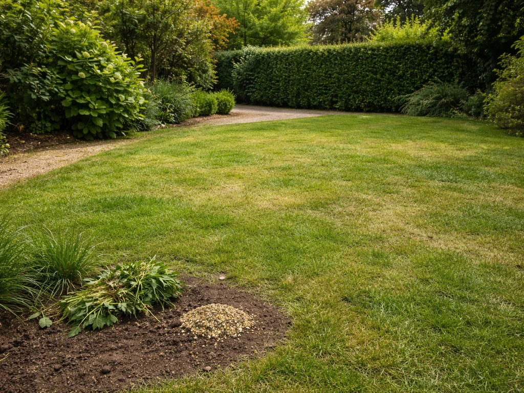Pelouse de jardin en France hétérogène, zones vertes et clairsemées, avec quelques graines et terreau près du sol.