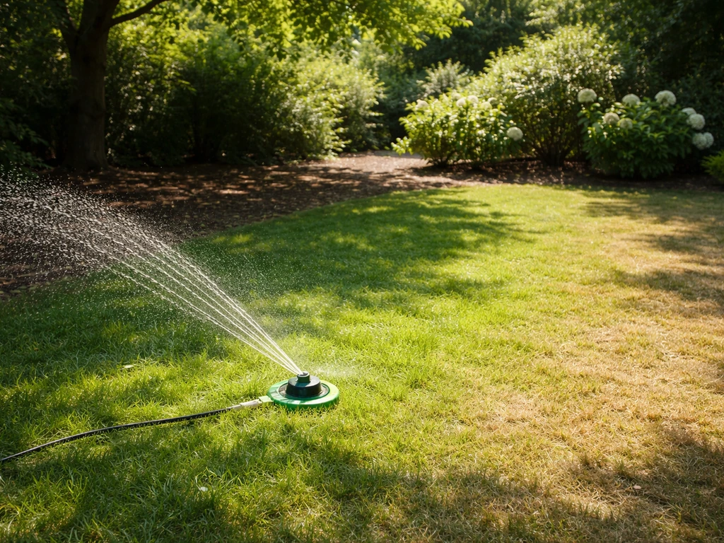 Pelouse en partie au soleil et en partie à l’ombre, arrosage visible avec herbe jaunie en zone d’ombre