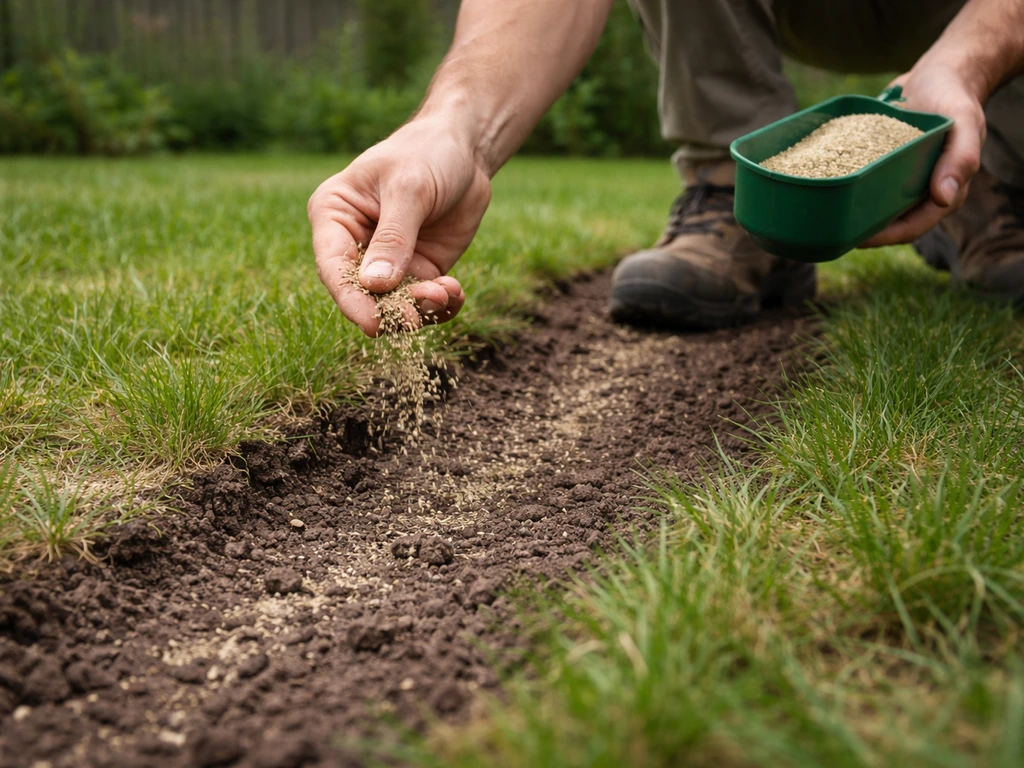 Jardinier épandant des graines sur une pelouse clairsemée, vue rapprochée du geste et du sol