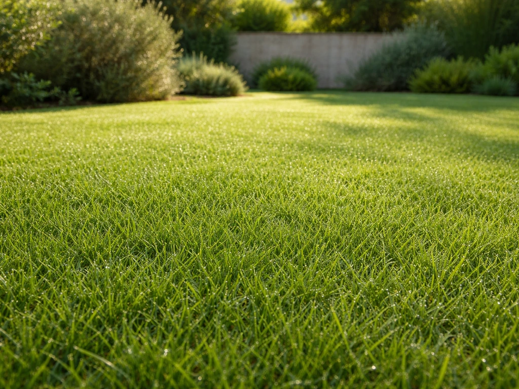 Gazon verdoyant et dense dans un jardin méditerranéen du sud de la France, lumière chaude et herbe bien implantée.